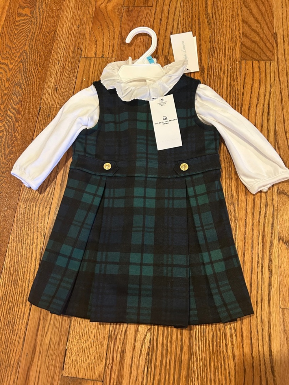 Ralph Lauren White Ruffle Top with Green and Navy Plaid Detail